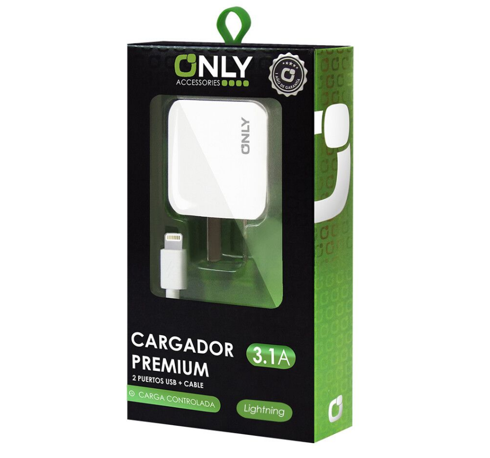 CARGADOR USB + CABLE USB LIGHTNING - 2 SALIDAS - BLANCO - MOD02 - ONL-CARG08025 - ONLY