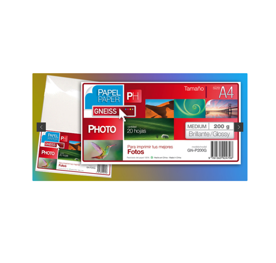 PAPEL FOTOGRÁFICO GLOSSY A4 - 200GR - 20 HOJAS - GN-P200G - GNEISS